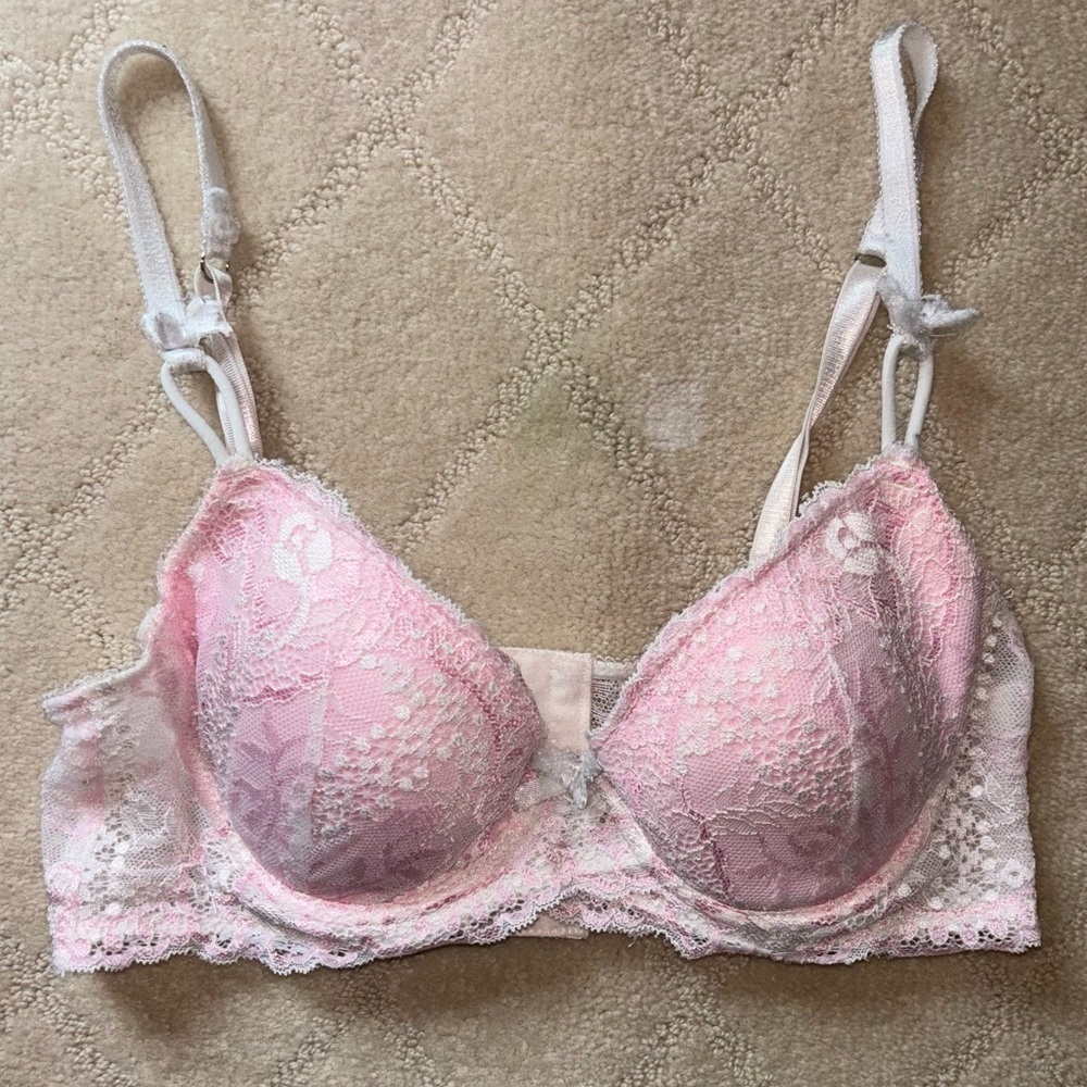 Vintage Sophie B Lace Balconette Bow Pink White Lace Bra 34A